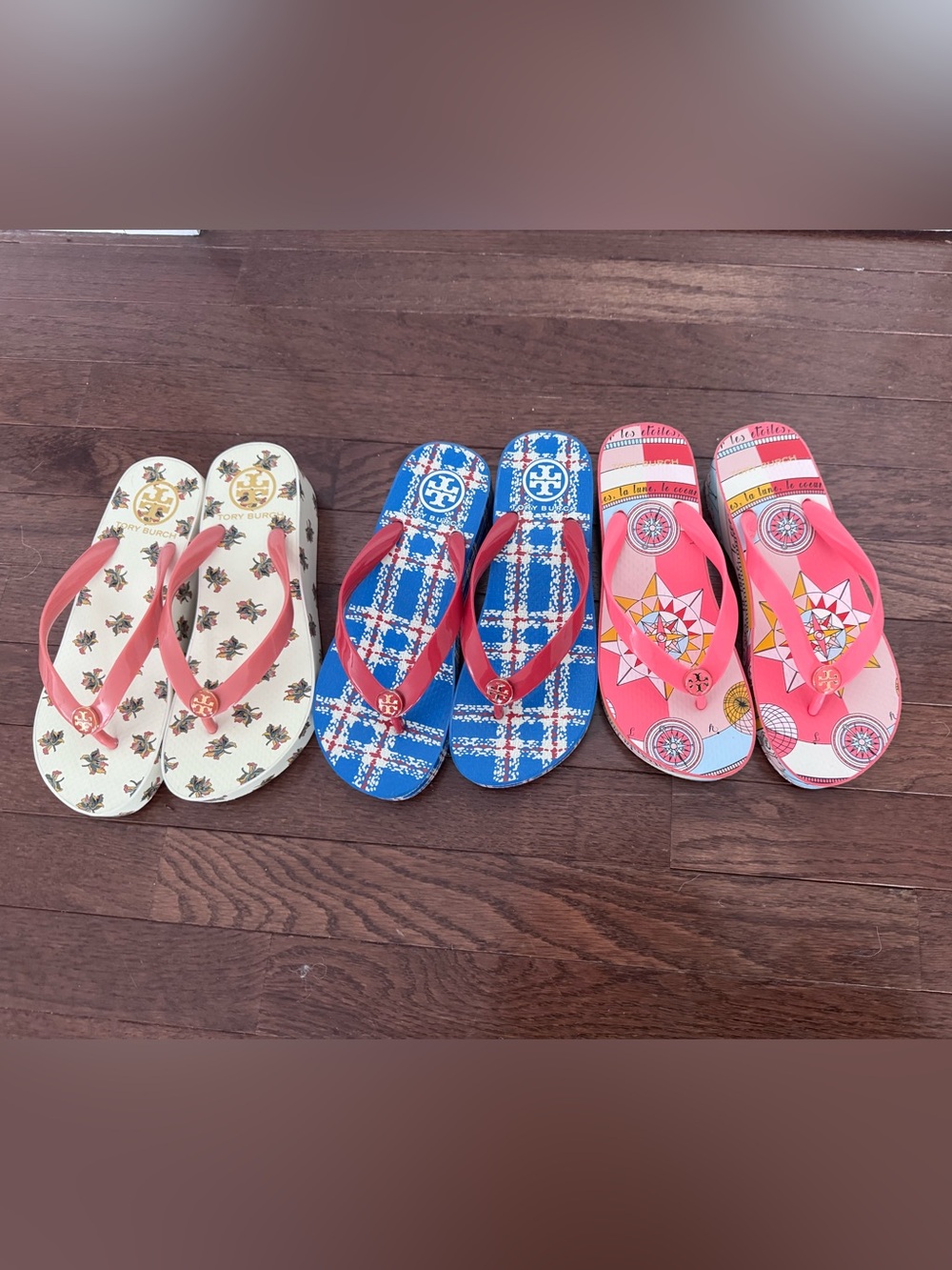 Tory Burch wedge flip flops.